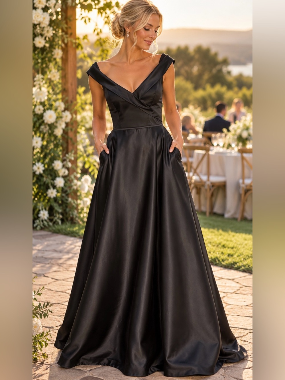 Morilee Madeline Gardner Black Satin Gown 8 10 Off Shoulder Formal Dress Pockets